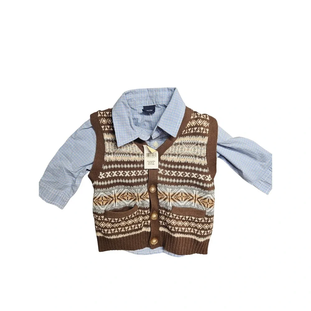 Baby Gap 3-6 Months Plaid Shirt and Fair Isle Knit Sweater Vest Set NWT 682627